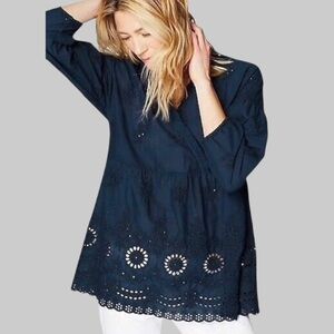 J. Jill V-Neck Floral Embroidered Eyelet Tunic Blouse